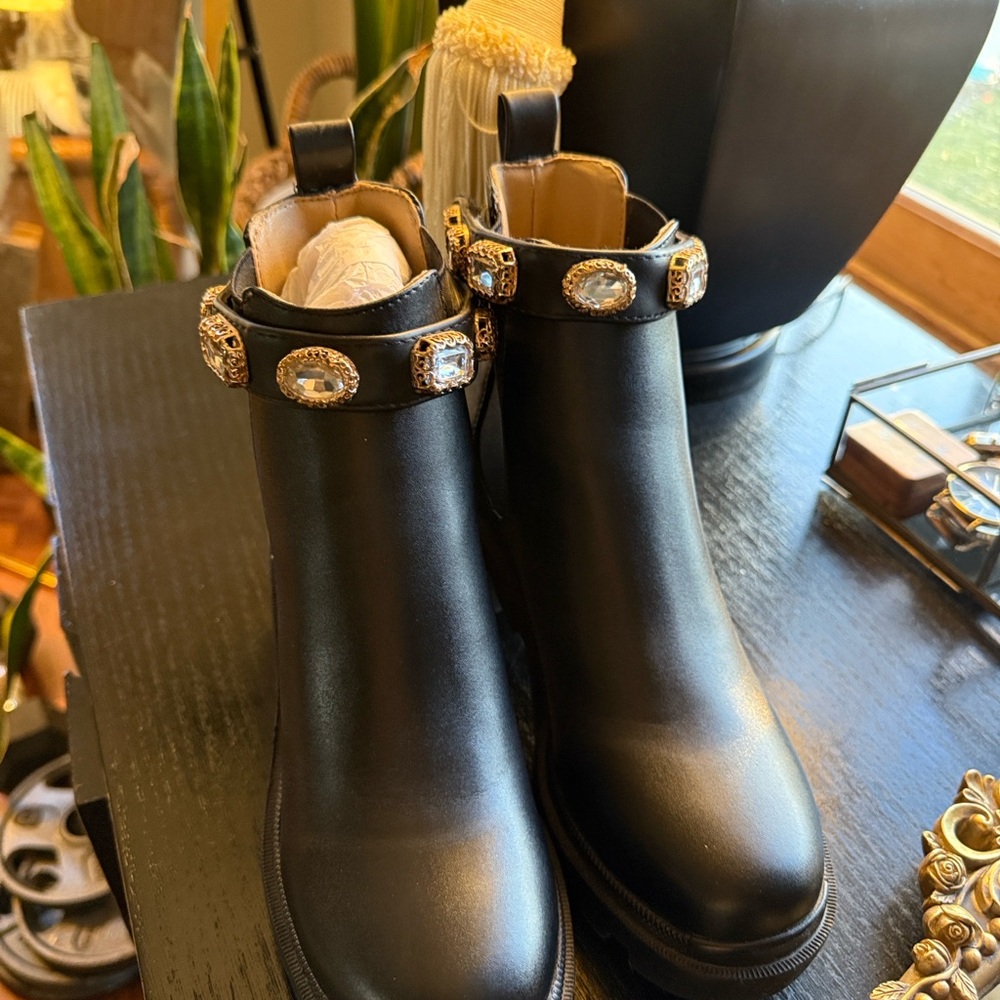 Steve Madden Black Ankle Boots with Gold Accents